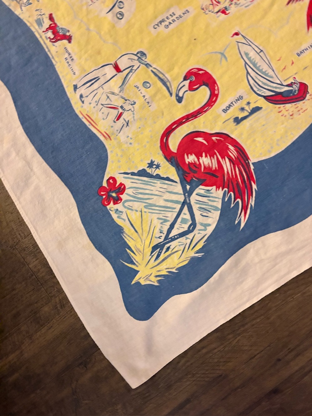 Vintage Mid Century Modern Florida Tablecloth Cotton Flamingos Map 47x51